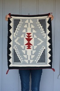 Vintage Navajo Rug - Greys White Red with Black Border - 29" x 24"