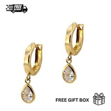 14k Yellow Gold Pear Huggie Dangle Earrings