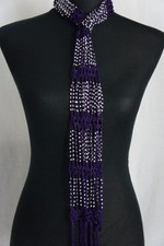 NWT  Crochet Beaded Rhinestone Gem Scarf Necklace Wrap Belt Fringe Purple
