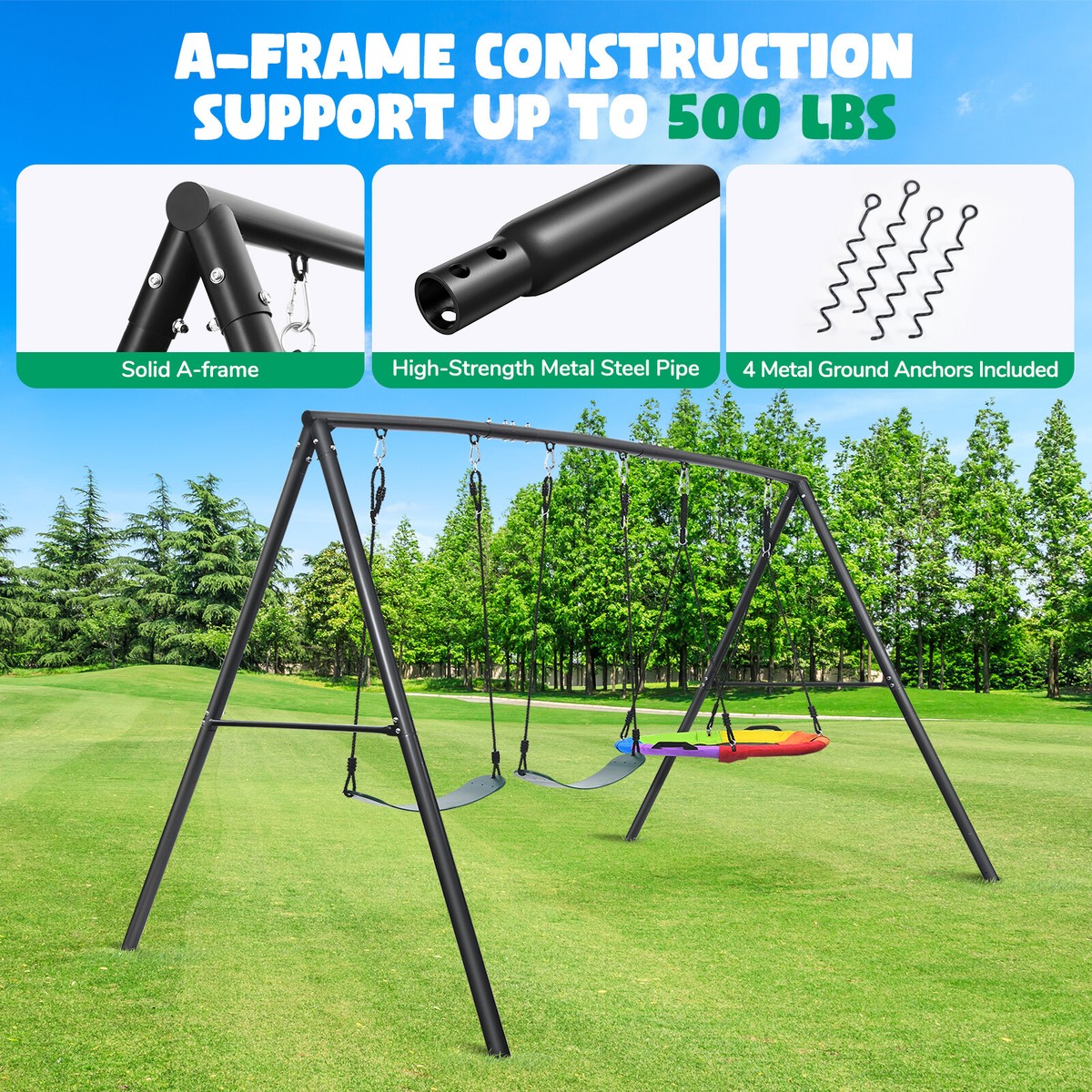 600lbs Metal Swing Set Backyard Kids Swing Set Heavy Duty A-Frame