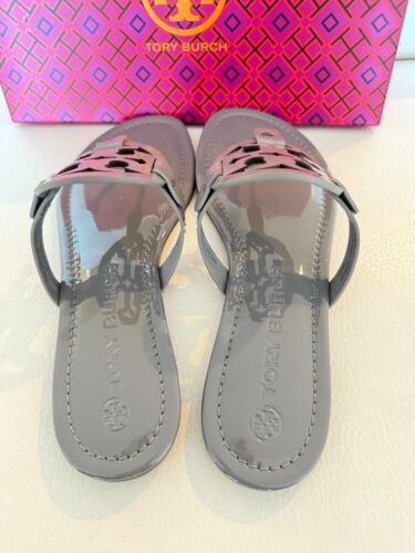 NIB TORY BURCH MILLER PATENT LEATHER SANDALS SLIDES MALTA GREY 9 W DUST BAG - Picture 5 of 7