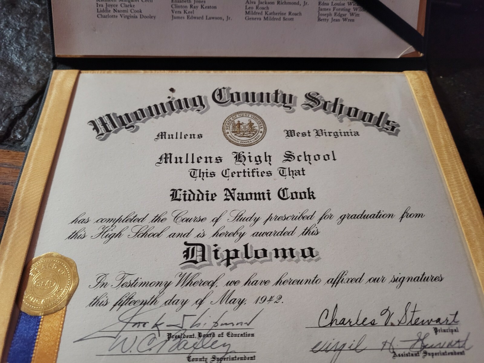 MULLENS WV HIGH SCHOOL DIPLOMA 1942 "LIDDIE COOK" WYOMING COUNTY FAMILY