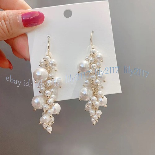 4-12mm White South Sea Shell Pearl Round Beads Cluster Dangle Hook Earrings - Picture 4 of 6