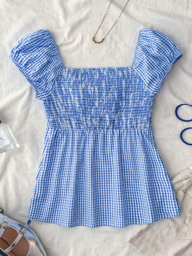 TEENGIRL Retro Plaid Ruffle Blouse - Blue & White A-Line Summer Top Vintage - Picture 2 of 4