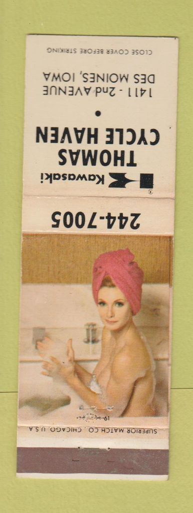 Vintage Thomas Kawasaki Motorcycles Pinup Matchbook Cover Des Moines IA Collectible