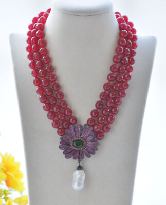 3row Faceted Rose Jade White keshi Pearl Necklace Heronsbill CZ