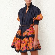Zimmermann Acadian Lantern Mini Dress Size 2/AU 12/US 8 Paisley Belted High Neck
