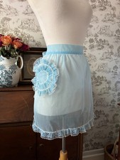Vintage 50s Blue Tulle Half Apron Sheer Ruffled Lace and Pocket Cottage Romantic