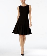 Calvin Klein Black Lined Pleated Dress LBD Little Black Dress Work Career Sz 10