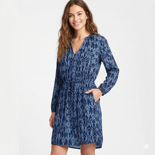 Gap Blue Ikat Print Long Sleeve Dress Size M V-Neck Drawstring Waist Pockets