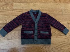 GAP BOY 2YR V Neck Fair Isle Red Navy w/Gray Trim Button Cardigan Sweater