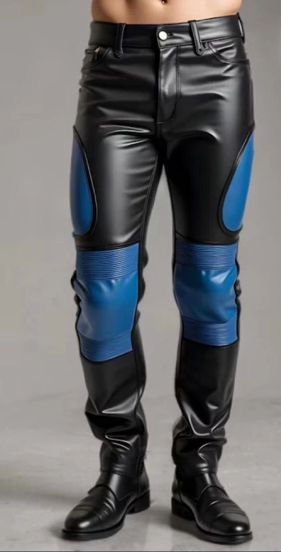 Men's Real Cowhide Leather Black & Blue Biker quilted Pant Stylish Slim Fit Pant