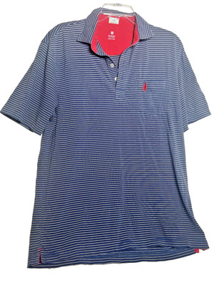 Johnnie O Polo Shirt Mens M Blue Striped Hangin Out Performance Modelo Beer.