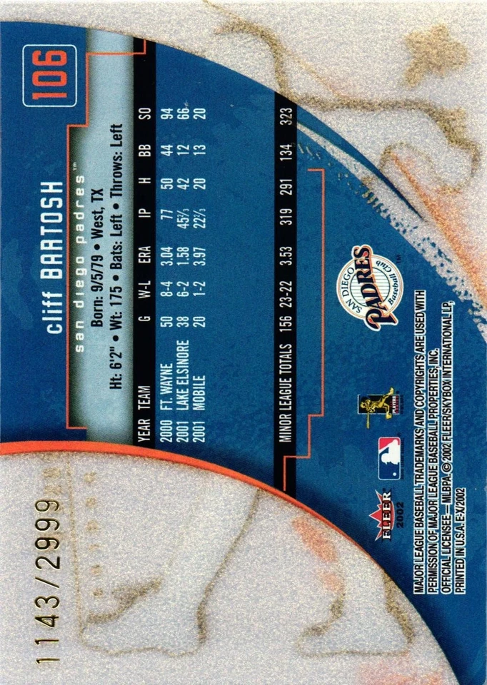 #106 Cliff Bartosh Signed 2002 E-X MLB baseball Card Auto Padres RC /2999 - Image 2 of 2