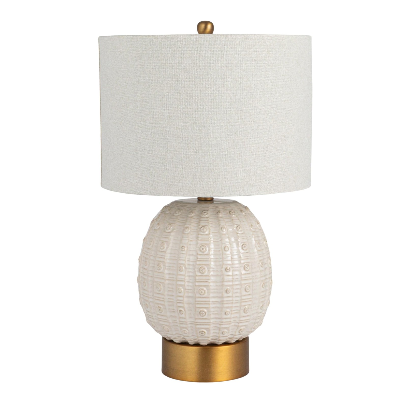 Stoneware Globe Table Lamp with Cream Crackle Glaze and Natural Linen Shade