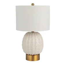 Stoneware Globe Table Lamp with Cream Crackle Glaze and Natural Linen Shade