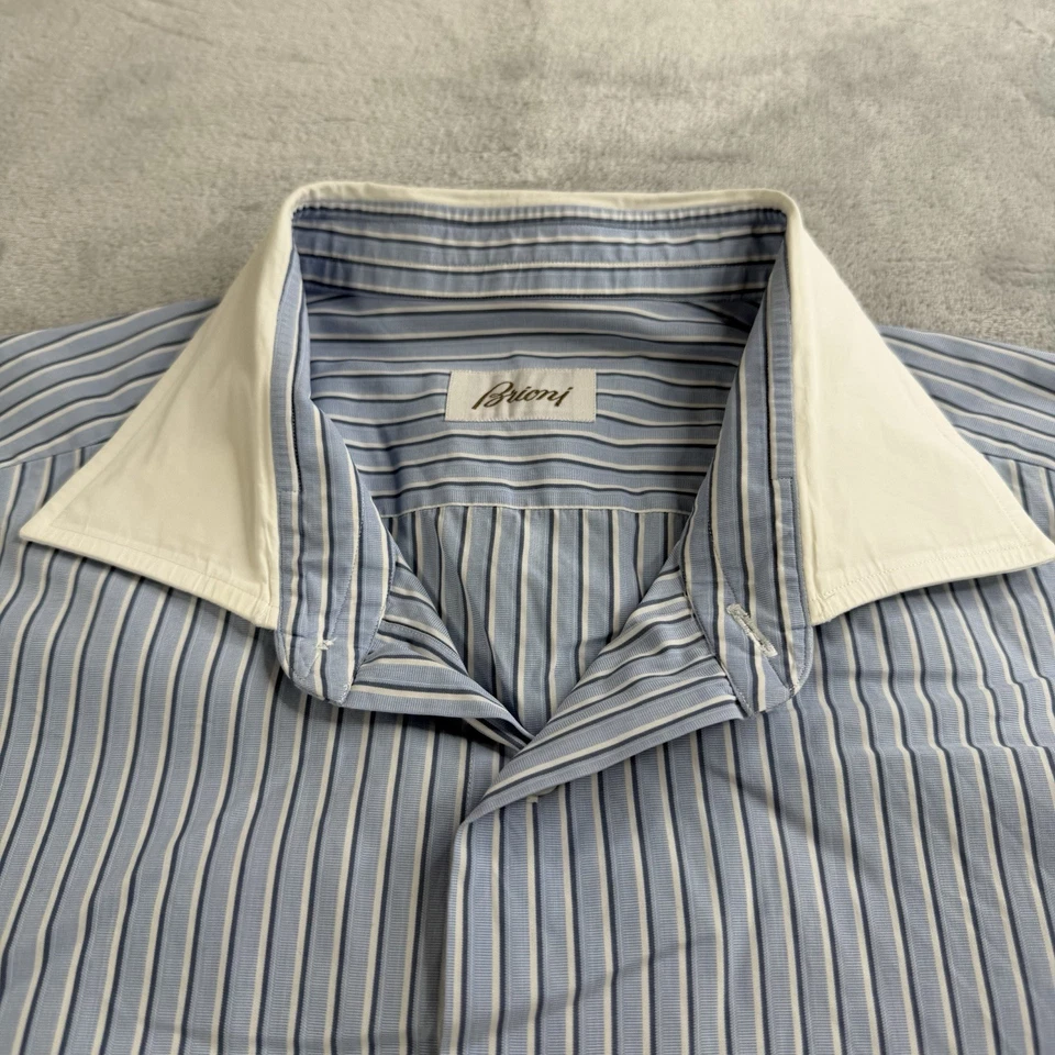 Camisa de Vestir Brioni Para Hombre 17.5 L Azul Blanco Rayas Puño Francés Italia Clásica Foto 2 de 4