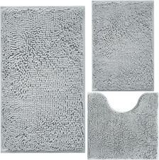 3 Piece Bathroom Rugs Set, Extra Soft  Shag Chenille Bath Mat, Non-Slip PVC Bac