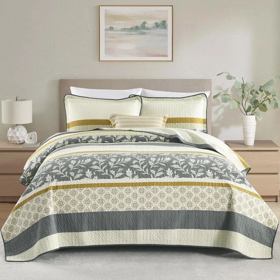 Juego de Edredón Botánico Queen, 100% Algodón Suave Ligero 3 Piezas Cama Acolchada... Foto 2 de 4