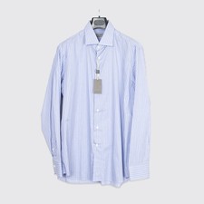 Canali Dress Shirt Size 17.5 44cm Light Blue Striped Cotton Made in Italy