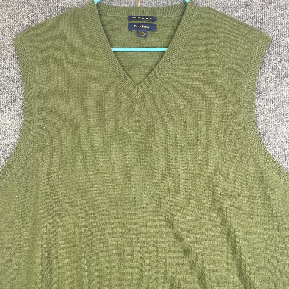 Club Room Sweater Vest Mens Large Green 100% Cashmere V Neck Knit Pullover - Image 2 of 4