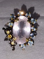 Rosequartz blue Topaz Ring 925 Sterling black Rhodium plate size 7