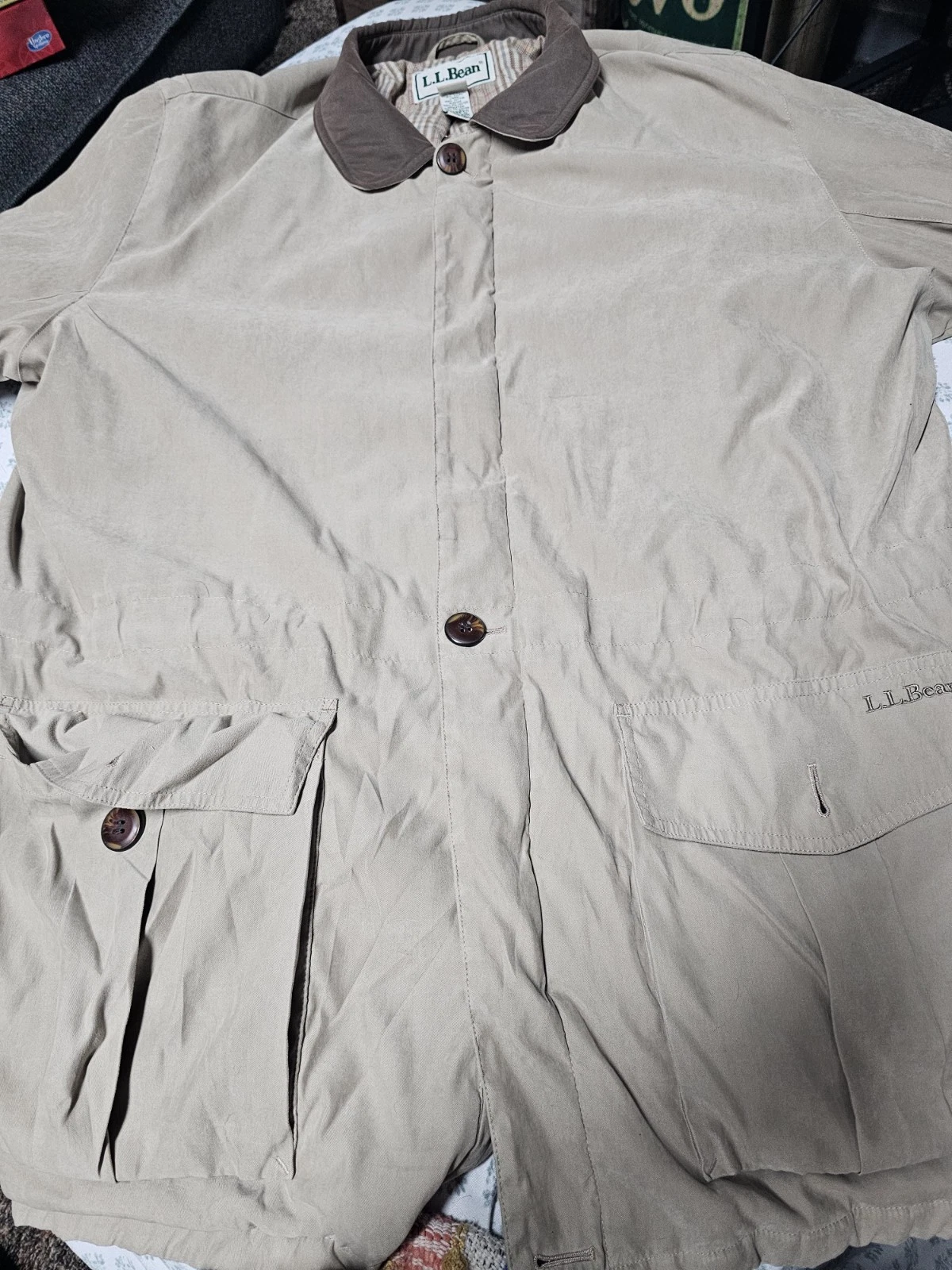 L L Bean Jacket Size XL Mens Beige Fleece Lined Full Zip With Buttons