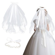 First Holy Communion Veil Set Girls White Ivory Tulle Pearl Flower Headpiece
