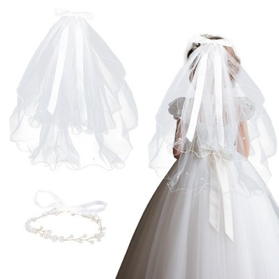 First Holy Communion Veil Set Girls White Ivory Tulle Pearl Flower Headpiece