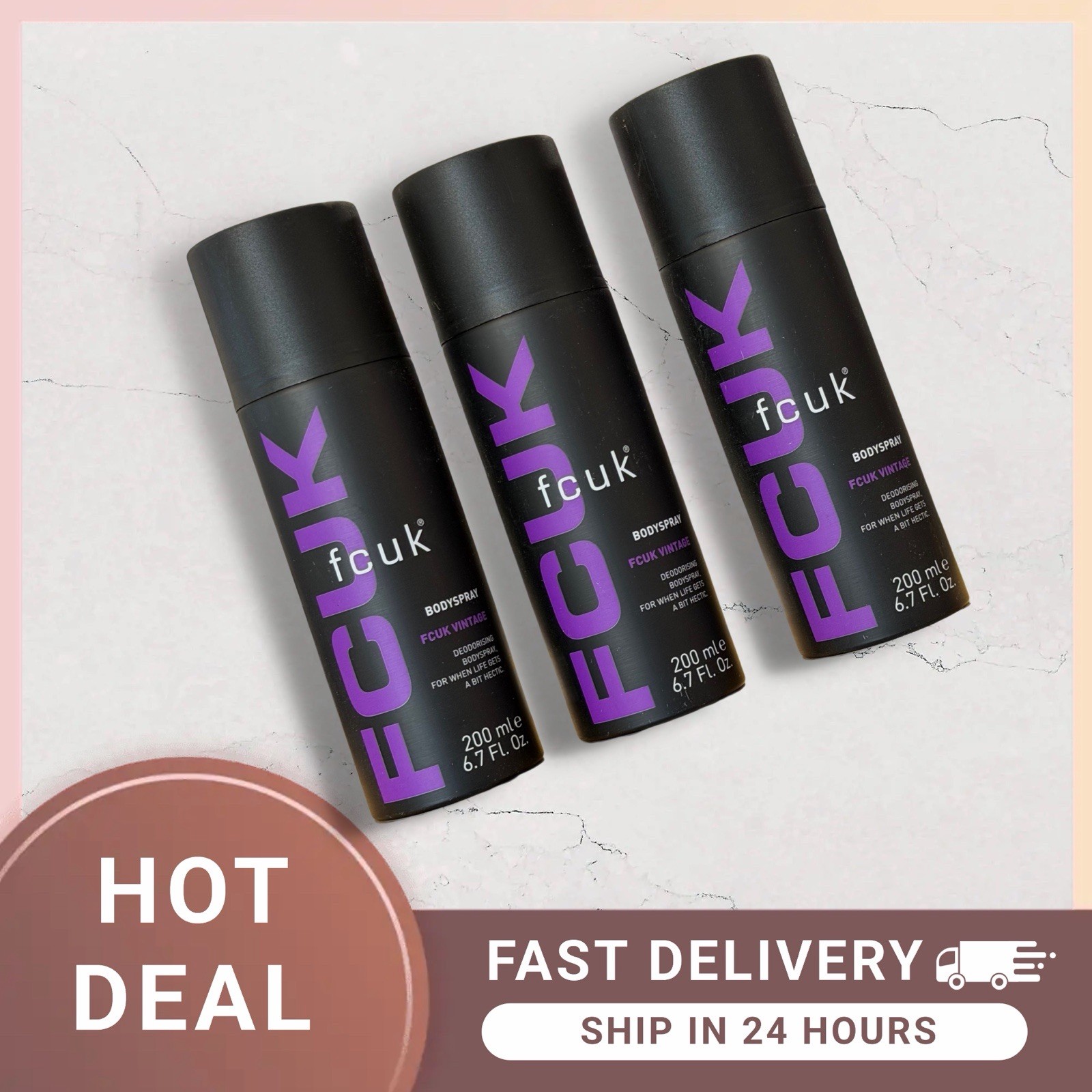 FCUK Body Spray VINTAGE Mens Deodorant New Discontinued 200ml-3 Pack