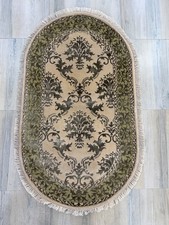 Vintage Hand Knotted Oval Wool Rug for Bedroom 3 x 5 ft Green Traditional Damask