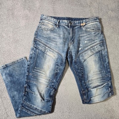 Smoke Rise Mens 38x31 Moto Biker Jeans Blue Distressed Paint Splatter Ribbed Y2K