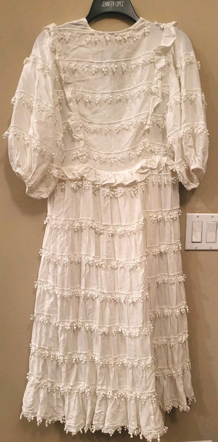 Farm Rio Women Ruffles Trim Off-White Midi Dress Basic Sleeved S. NEW. thumbnail 6