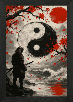 Samurai, Yin Yang und rote Sonne gerahmtes Wandbild Poster Leinwanddruck Bild