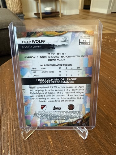 2024 Topps Finest MLS Tyler Wolff RC Atlanta United refractor común #65 - Imagen 2 de 3