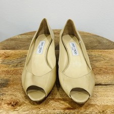 Jimmy Choo beige patent leather peep-toe kitten heels size 40 US 10 Nude