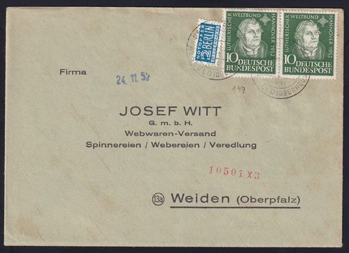 BRD MiNr 149 Mehrfachfrankatur Alsfeld Weiden 1952