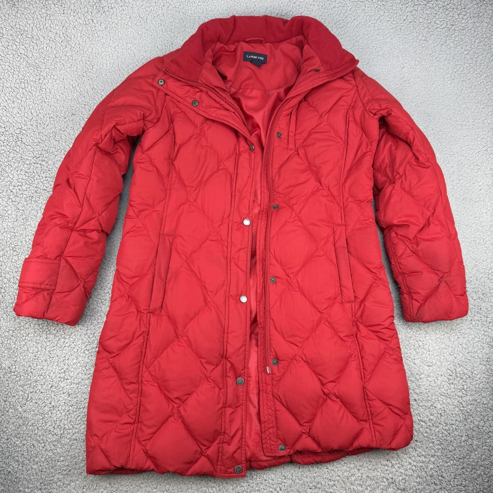 Lands End Coat Womens Medium Red Down Puffer Quilted Faux Fur Hood Winter Jacket - Image 3 of 4