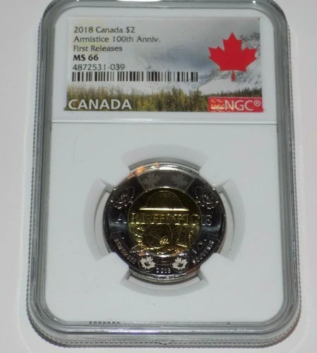 CANADA 2018 $2 NGC MS66 Armistice 100th Anniversary 1st Release Toonie Coin