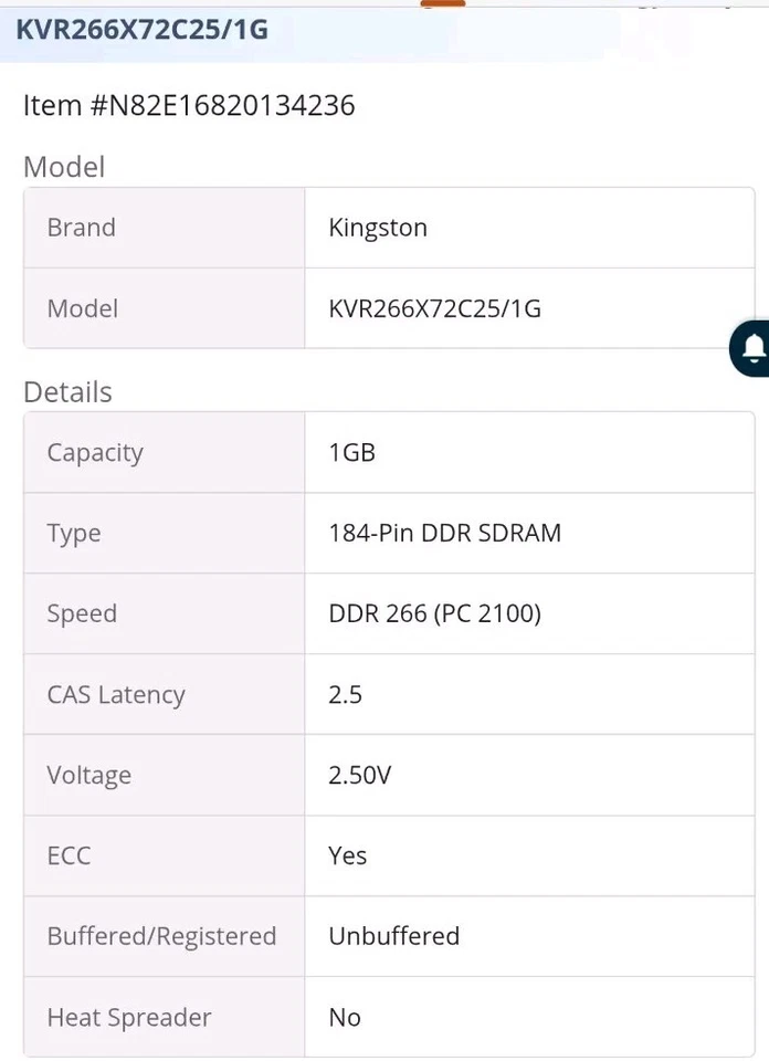 Kingston 1GB PC2100 KVR266X72C25/1G DDR266 CL25 Ram Memory ECC - Image 2 of 2