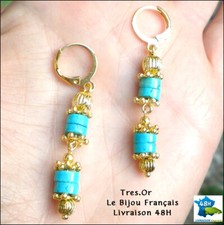 Boucles D'oreilles Vintage Signées 2959 - Doré Et Perle Turquoise - Fermoir Clips - Occasion