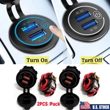 2PC Car RV Marine 12V USB Outlet 36W QC 3.0 USB Fast Charger Socket Power Switch