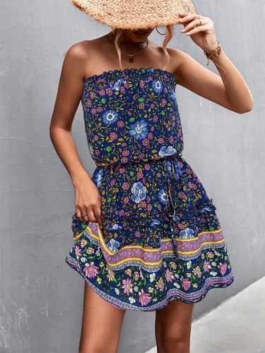 Women Cotton Strapless Boho Floral Boob Tube Bandeau Top Summer Beach Mini Dress - Picture 25 of 26