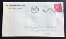 1923 Vtg Fort Collins Colorado postal history cover Williamson & Fischer