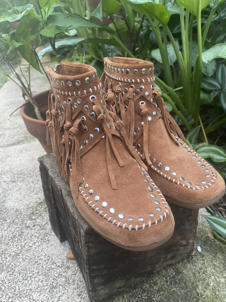 Botas ASH para mujer talla 6,5 EE. UU. Marrón Gamuza Tachuelas Flecos Botín Bota Sin usar, en caja Foto 4 de 4