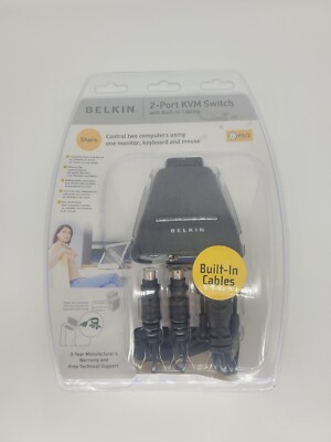 Belkin 2-Port KVM Switch mit Audio & integrierten Kabeln PS/2 Dual Computer Neu