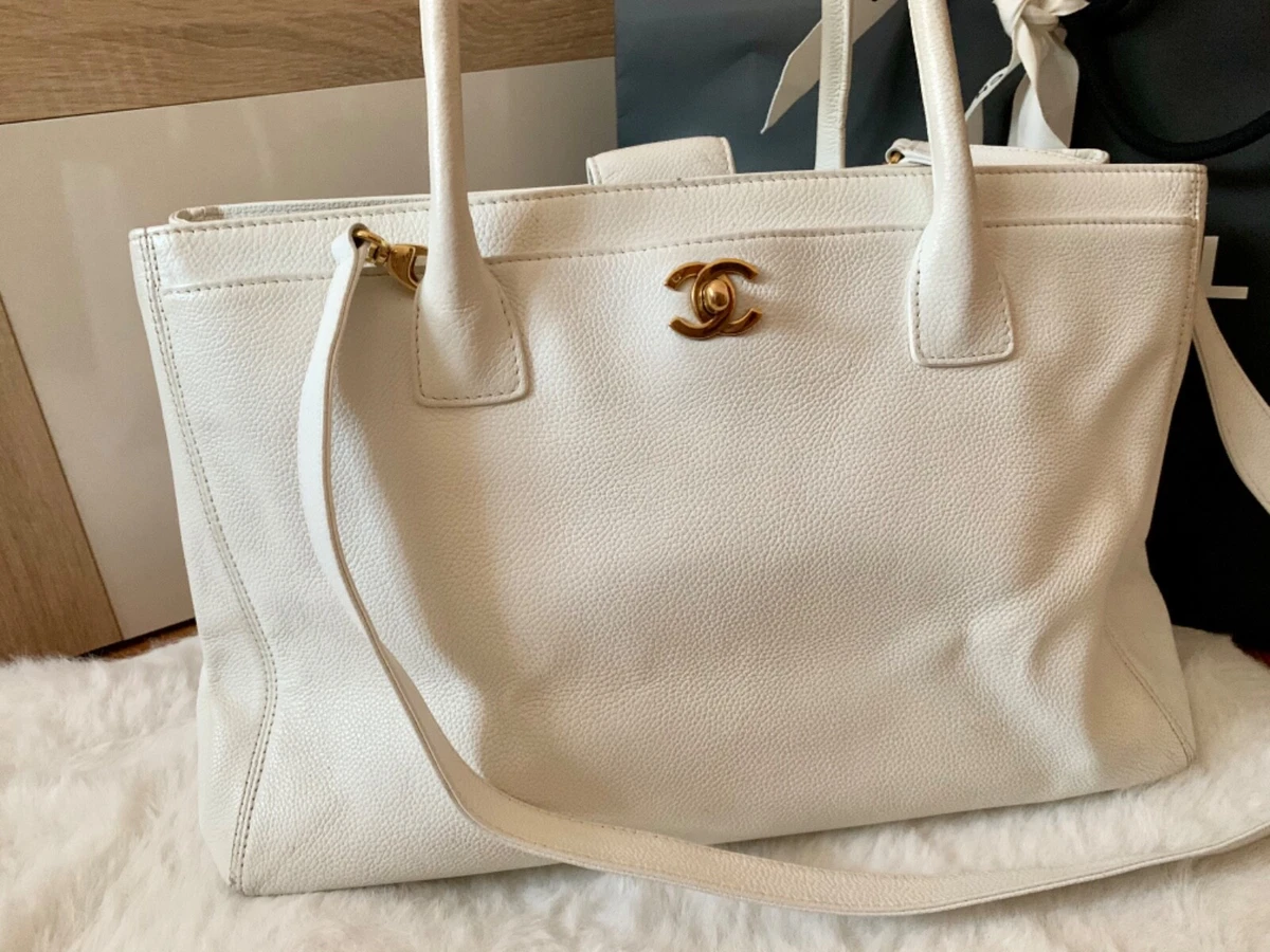 Chanel Executive Tote Bag White Leather Handbag Golden Hardware