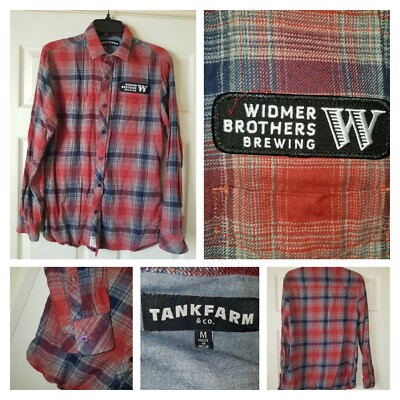 Widmer Bros Brewing Shirt Men Medium Red Plaid Flannel Beer Hops Comfort Work