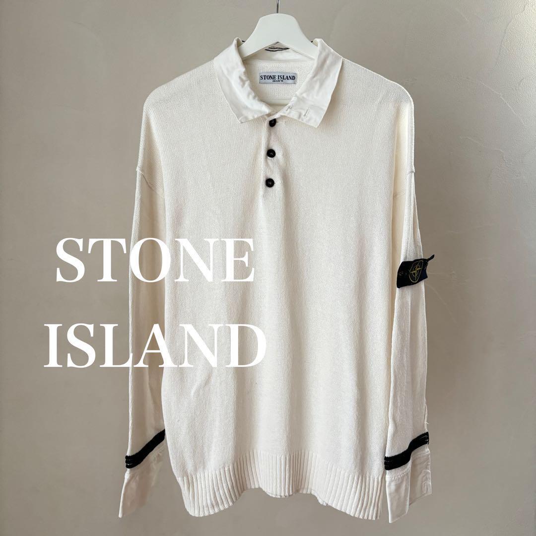 Stone Island 90s Polo Knit Shirt Long Sleeve White U-Neck Stone Island 90s Polo Knit Shirt Long Sleeve White U-Neck