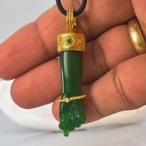 Gold Vermeil Sterling Mano Fico Figa Anhänger Chalzedon Smaragd Diamant 11.70 G - Bild 5 von 11
